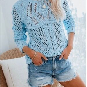 Solid Hollow Knitted Long Sleeve O-neck Pullover Sweater